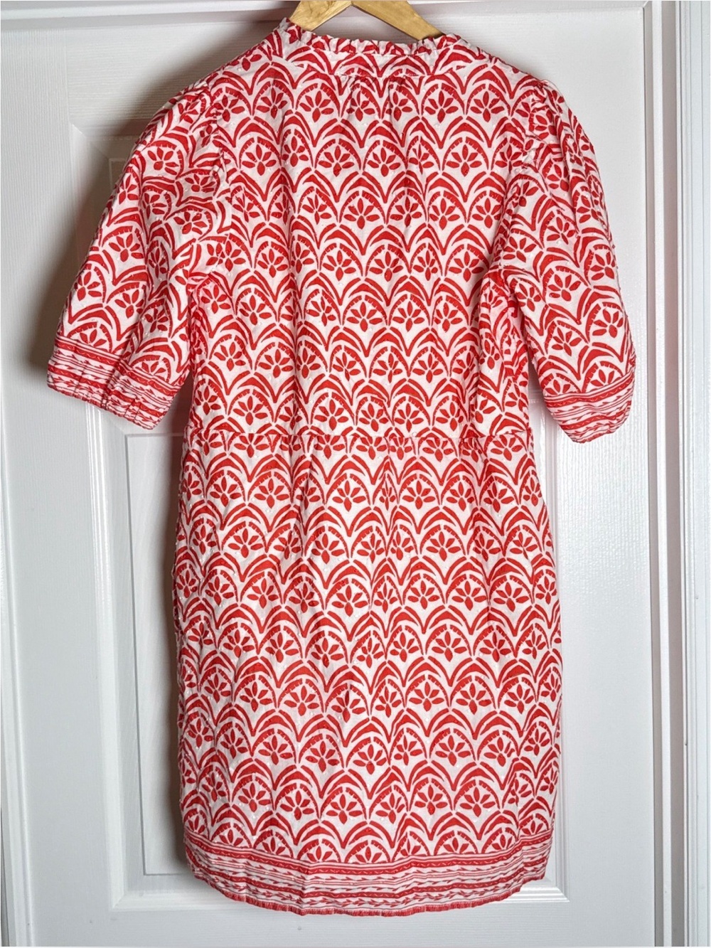 Melissa Nepton Dress Red White Geometric Swiss Dot Ruffle Puff Sleeve
